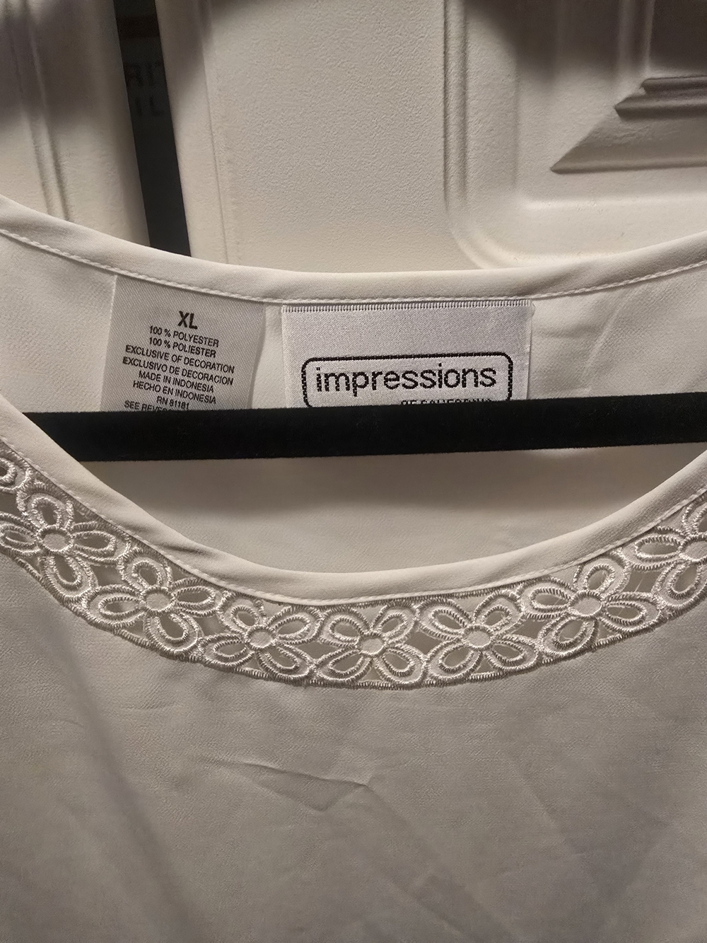 Impressions Women's White Embroidered Neckline Top